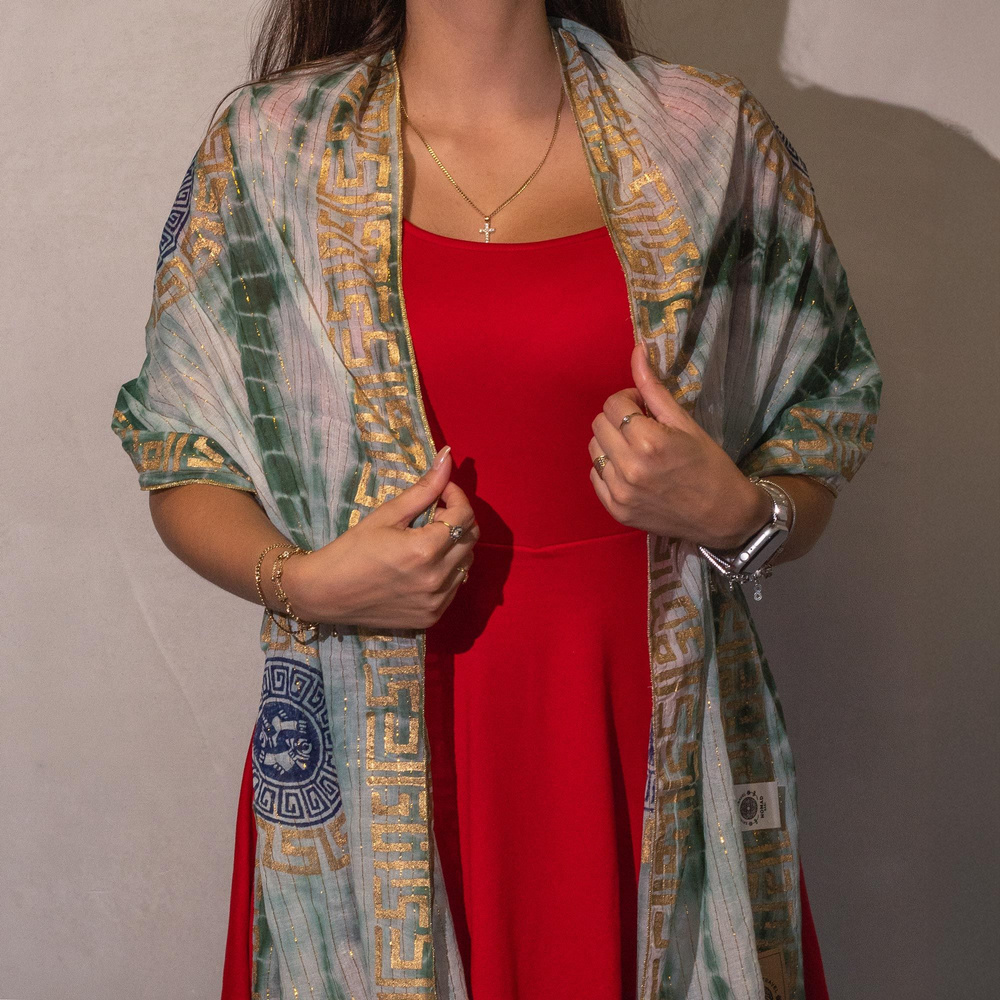 Nomad Sari Summer Marbella Print Scarf - Green with Gold (180x50cm)