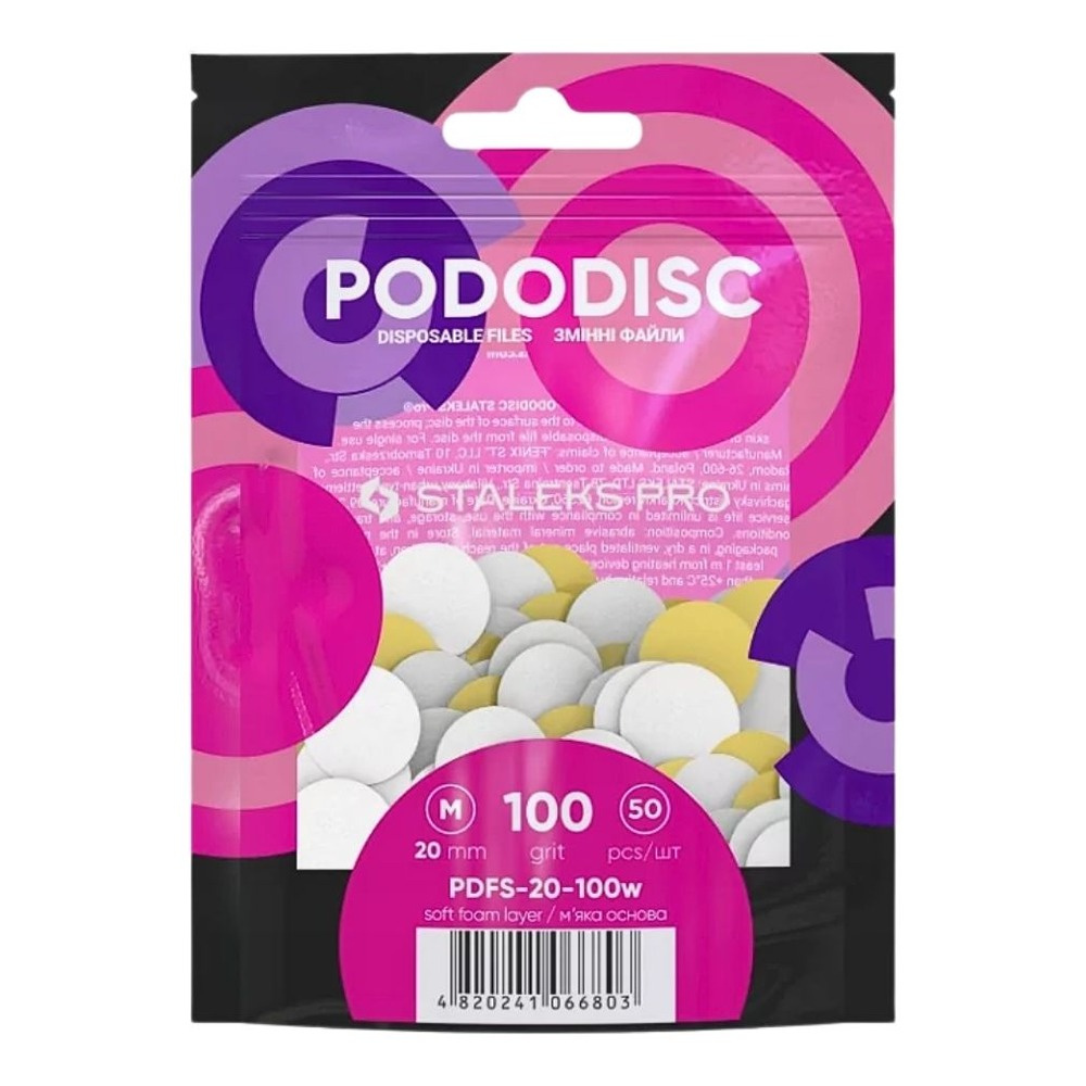 Staleks Pro Expert Pododisc Disposable Pedicure White Files Discs on Soft Foam Layer Size M 20mm Grit100 50pcs