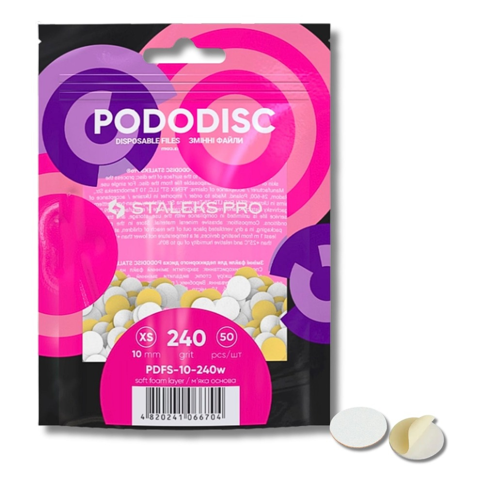 Staleks Pro Expert Pododisc Disposable Pedicure White Files Discs on Soft Foam Layer Size XS 10mm Grit 240 50pcs