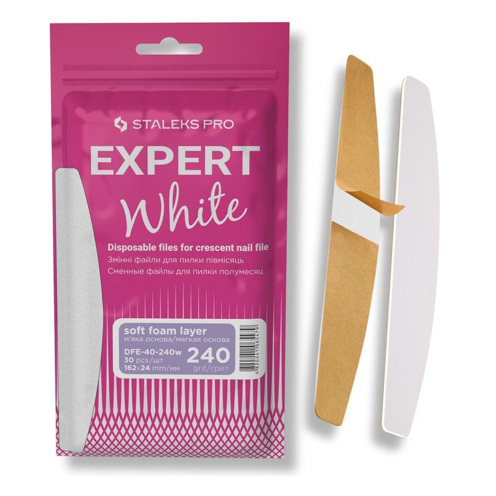 Staleks Pro Expert 40 White Disposable Crescent Nail File Refills on a Soft Foam Layer 240 Grit DFE-40-240w 30pcs