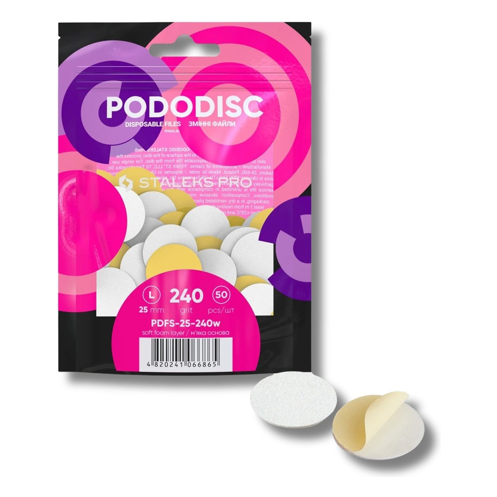 Staleks Pro Expert Pododisc Disposable Pedicure White Files Discs on Soft Foam Layer Size L 25mm Grit 240 50pcs