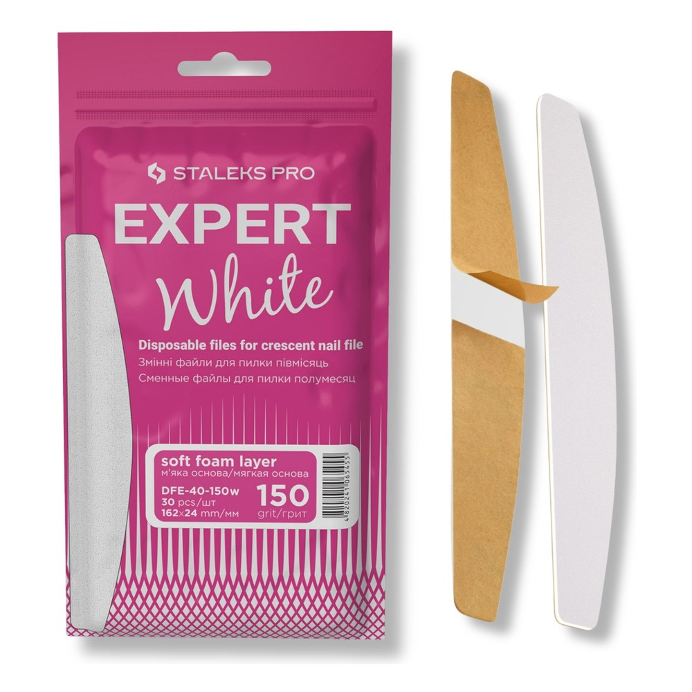 Staleks Pro Expert 40 White Disposable Crescent Nail File Refills on a Soft Foam Layer 150 Grit DFE-40-150w 30pcs