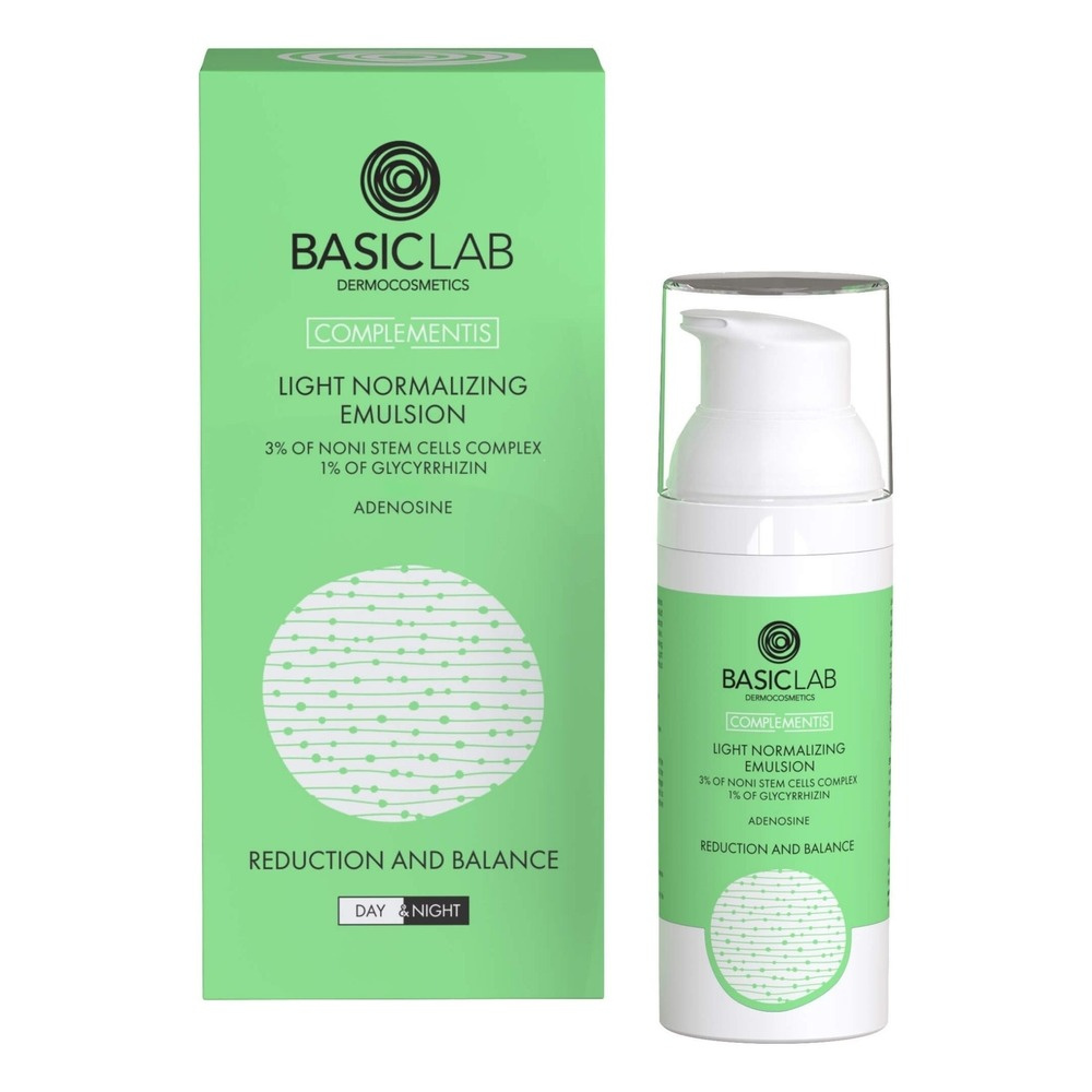 BasicLab Light Normalizing Emulsion with 3% Noni Stem Cell Complex 1% Glycyrrhizin Reduction and Balance for Problematic Skin Day and Night 50ml