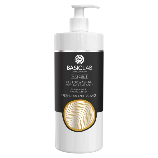 BasicLab Masculis Gel for Washing Body, Face and Scalp 2% Niacinamide Mineral Complex Freshness and Shine for Men 500ml