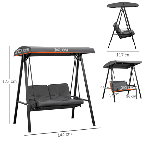 Outsunny 2 Seater Garden Swing Chair with Adjustable Tilting Canopy, Outdoor Hammock Bench with Steel Frame for Patio, Grey
