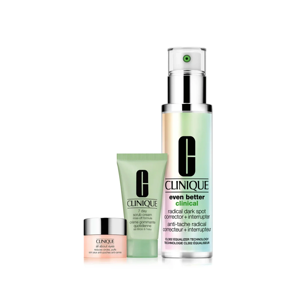 Clinique Even Tone Essentials Gift Set 50ml Even Better Clinical Radical Dark Spot Corrector + Interrupter + 30ml 7 Day Scrub Cream + 5ml All About Eyes Zestaw 1 Sztuka