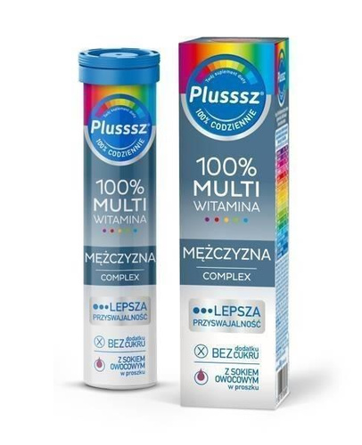 Polski Lek S.A. Plusssz 100% Multiwitamina Mężczyzna Stres i Dobre Samopoczucie 20 Tabletek Musujących