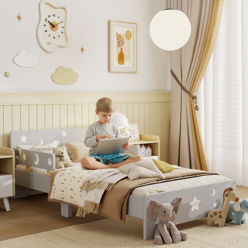 ZONEKIZ Kids Toddler Bed, with Star and Moon Patterns, Side Rails, for Ages 3-6 Years - Grey
