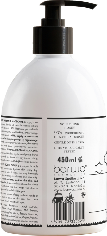 Barwa Pure Calm Nourishing Honey Liquid Soap for Dry Skin 450ml