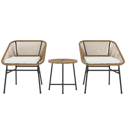 Outsunny 3 Pieces Rattan Bistro Set, Wicker Small Garden Table and Chairs Set with Cushions and Glass Top Coffee Table, Bistro Garden Furniture Set for Outdoor, Patio, Balcony, Natural