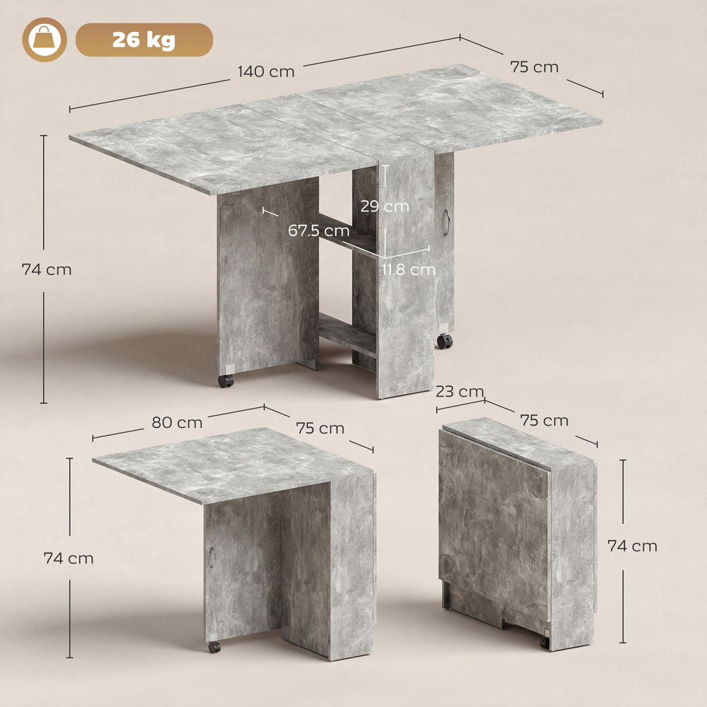 HOMCOM 80-140 cm Folding Dining Table for 4-6 People, Drop Leaf Table with 2-Tier Shelves, Rolling Casters, for Small Spaces, Kitchen, Flat, Dining Room, Cement Grey