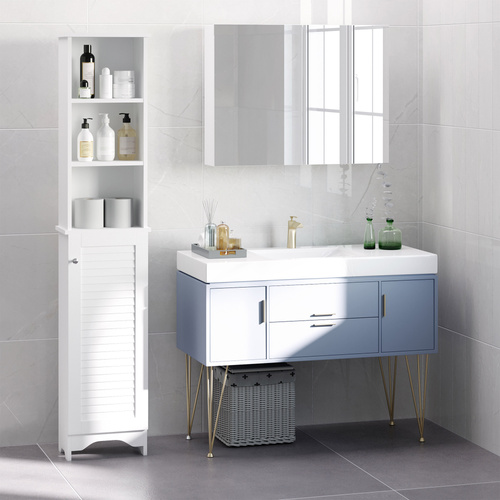 HOMCOM Tall Bathroom Cabinet, Freestanding Slim Bathroom Storage Unit with Adjustable Shelves and Shutter Door, Floor Storage Cupboard with 6 Shelves, 165H x 34W x 20D cm, White