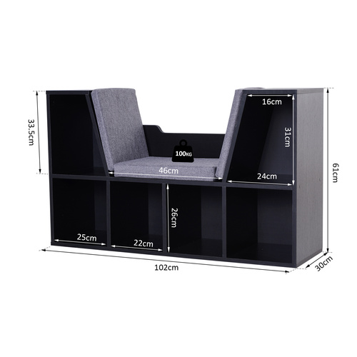 HOMCOM Bookcase Storage Shelf with Cushioned Reading Seat, Cube Bookshelf Organizer for Bedroom Living Room, Black