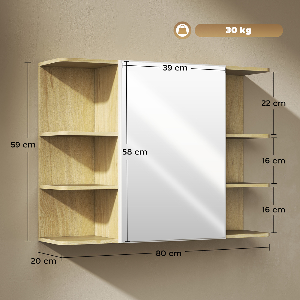HOMCOM Bathroom Mirror Cabinet with Open Storage Shelves - Natural Wood Finish