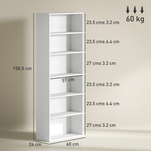 HOMCOM Six Shelf Bookcase - White