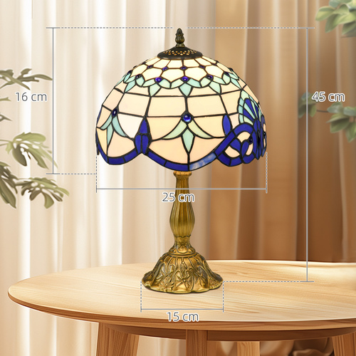 HOMCOM Stained Glass Table Lamp, Handmade Antique Bedside Lamp for Bedroom, Living room, Home, Nightstand, Decorative Night Light, Blue