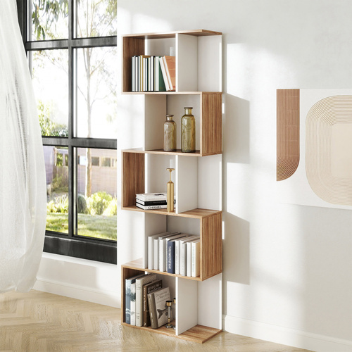 HOMCOM Bookcase, S-Shaped Wooden Bookshelf, 5/6 Tiers Freestanding Storage Shelf, Home Office Decorative Display Stand Rack, Oak and White, 24D x 60W x 184.5H