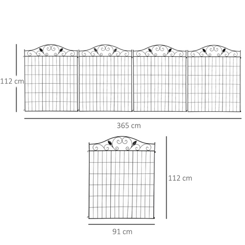 Outsunny Set of 2 Decorative Garden Fence, 8 Panels Metal Picket Fence, Versatile Shapes for Patio Lawn, 365cm x 112cm, Black