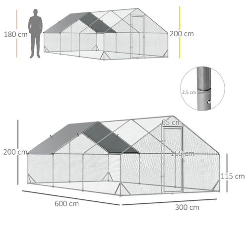 PawHut Large Hen Coop, Galvanised Walk In Chicken Run with Cover, 6 x 3 x 2m, Silver