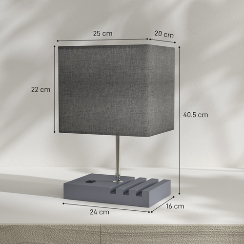 HOMCOM Bedside Lamp with USB A+C Charging Ports and 3 Phone Stands, Modern Table Lamp with Solid Wood Base and Fabric Shade for Bedroom Living Room Office, E27 Socket, Bulb Not Included, Grey
