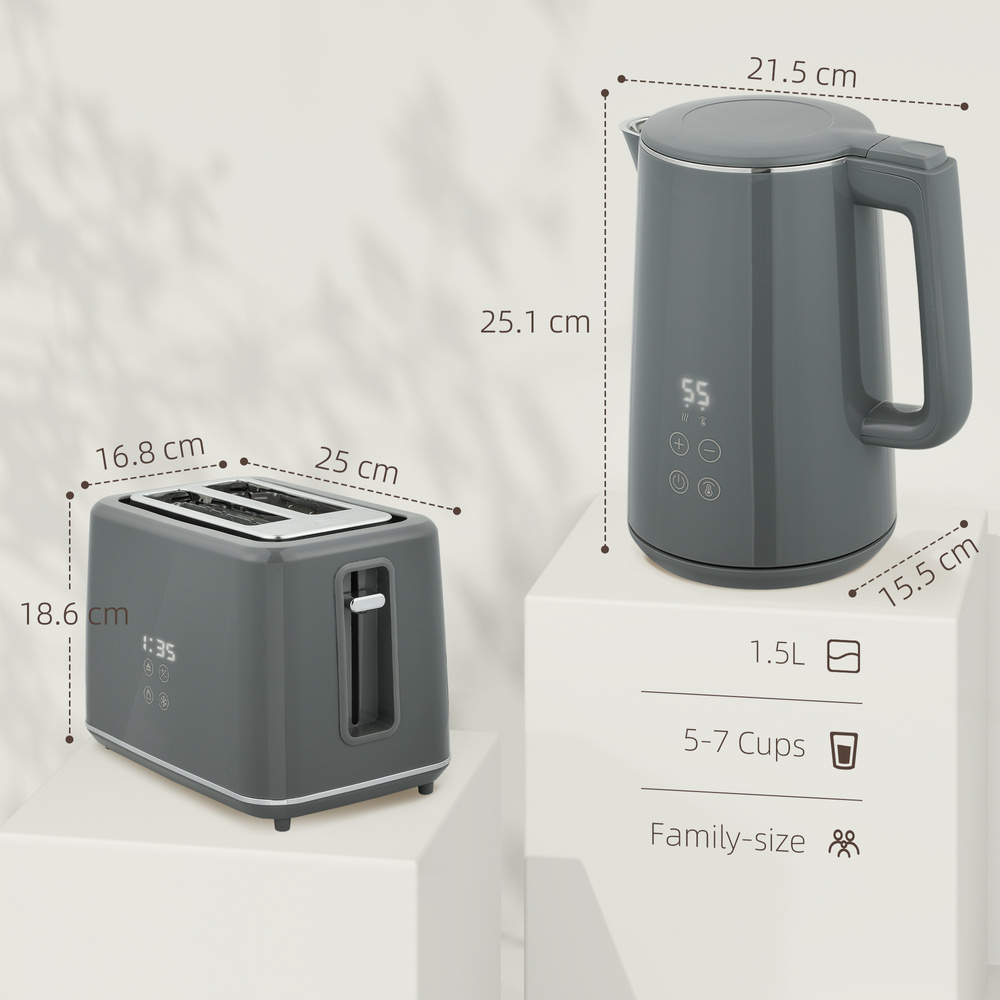 HOMCOM Digital Stainless Steel Kettle and Toaster Set, 1.5L 3000W Fast Boil Kettle, 2 Slice Toaster with 7 Level Browning Controls, Defrost, Reheat, Keep Warm, Crumb Tray and LED Touch Display, Grey