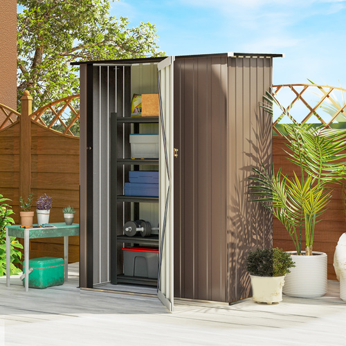 Outsunny 5ft x 3ft Garden Storage Shed, Outdoor Metal Shed with Sloped Roof, Lockable Door for Tools, Equipment, Brown