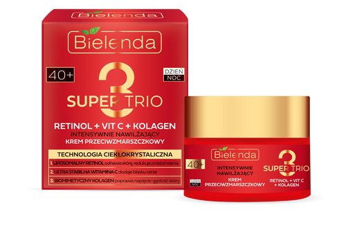 Bielenda Super Trio 3 Retinol Vit.C Kolagen Intensywnie Nawilżający Krem Przeciwzmarszczkowy 40+ na Dzień i na Noc 50ml