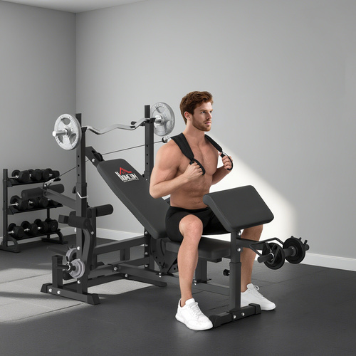 HOMCOM Weight Bench, 6 in 1 Adjustable Bench Press with Leg Extension, Barbell Rack, Preacher Curl Pad, Resistance Band, Multi-Function Home Gym Equipment for Strength Training Weightlifting