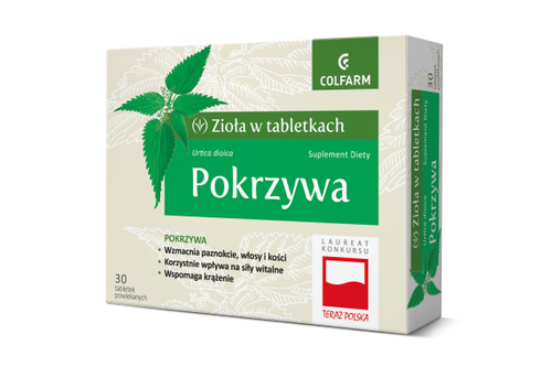 Colfarm Zioła w Tabletkach Pokrzywa Wspomaga Krążenie Włosy Skórę i Paznokcie 30 Tabletek