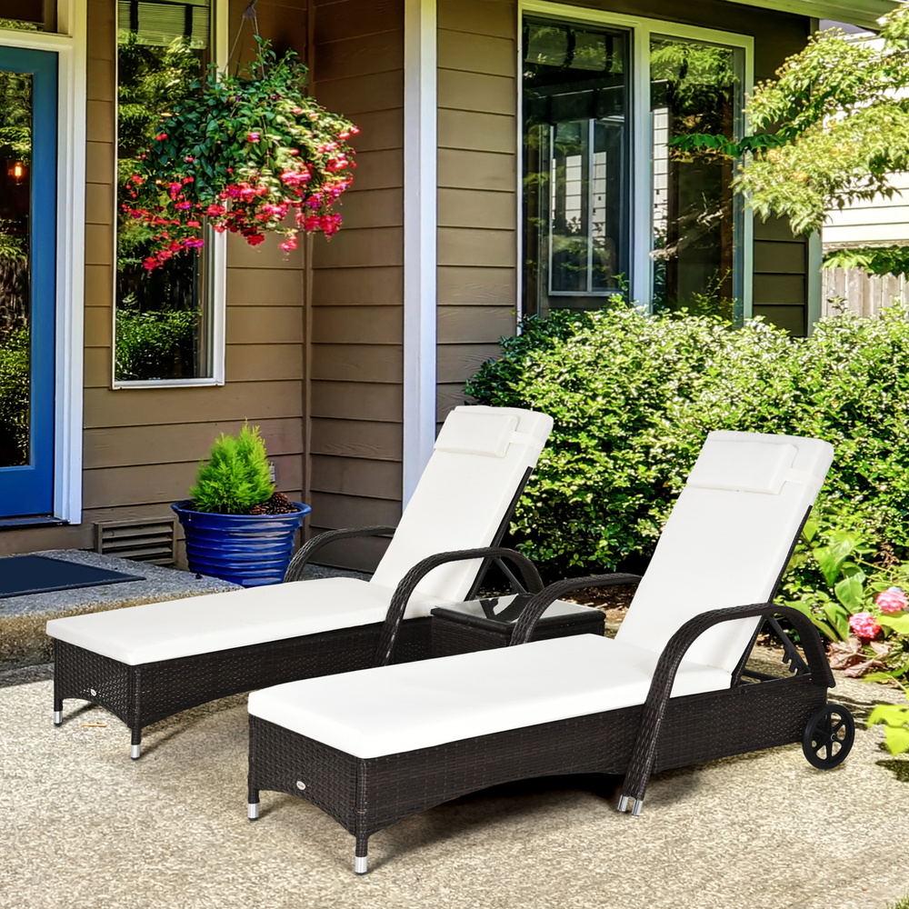 Outsunny Rattan Sun Loungers for Garden Set of 2 with Side Table, Garden Recliner Sunbeds with Adjustable Back, Wheels, Cushions and Headrest, 3 Pieces Garden Furniture Set for Outdoor, Patio, Brown
