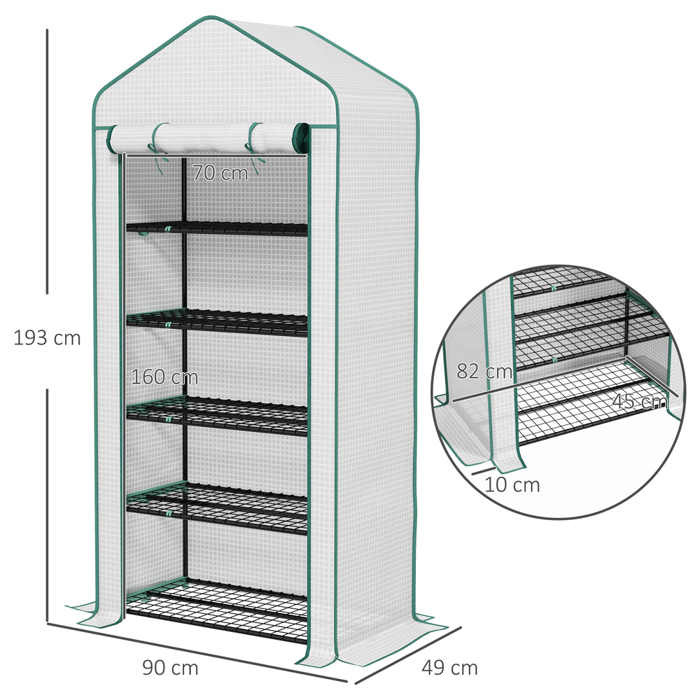 Outsunny 5 Tier Widened Mini Greenhouse with Reinforced PE Cover, Portable Indoor Outdoor Green House with Roll-up Door and Wire Shelves, 90 x 49 x 193cm, White