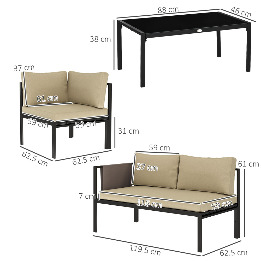 Outsunny 5 Seater Garden Corner Sofa Set, 4 Pieces Metal Garden Furniture Set with Loveseats, Glass Top Coffee Table, Breathable Mesh Pocket, Outdoor Conversation Furniture with Cushions, Khaki
