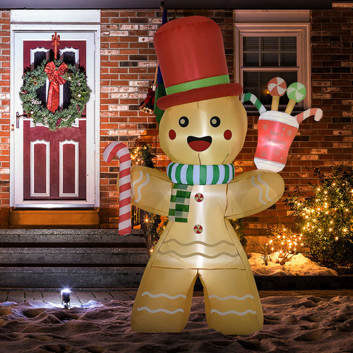 HOMCOM 7.5ft Christmas Inflatable Gingerbread Man with Candy Cane, Blow-Up Outdoor Garden Display for Lawn, Party