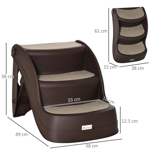PawHut Foldable Dog Steps for Bed Sofa, Portable Dog Stairs 3-Step for High Bed, Pet Stairs with Non-slip Mats for Small and Miniature Breeds, 49 x 38 x 38 cm, Brown