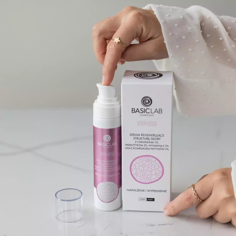 BasicLab Serum Regenerujące Strukturę Skóry z 1% Ceramidami i Kompleksem Peptydów 5% Sprężystość i Odbudowa dla Skóry Suchej i Bardzo Suchej na Dzień i Noc 30ml