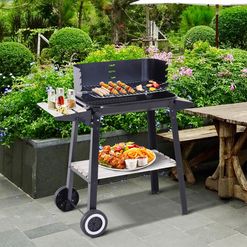 Outsunny Trolley Charcoal BBQ Barbecue Grill Outdoor Patio Garden Heating Smoker with Side Trays Storage Shelf and Wheels