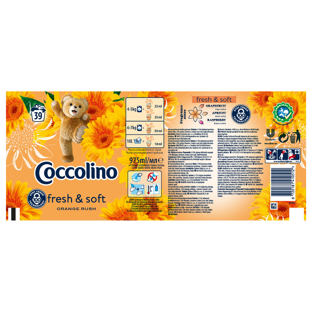 Coccolino Fresh & Soft Orange Rush Fabric Softener with Orange Blossom Scent 975ml