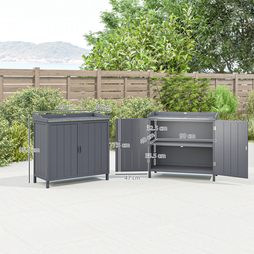 Outsunny Wood Garden Storage Cabinet, Outdoor Tool Shed, Potting Bench Table with Galvanized Top and Two Shelves for Yard Tools or Pool Accessories, Grey