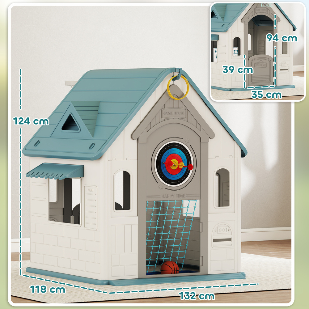 AIYAPLAY 5-in-1 Playhouse for Kids Outdoor Indoor with Basketball Hoop, Football Goal, Dartboard, Ring Toss for 2-5 Years, Beige