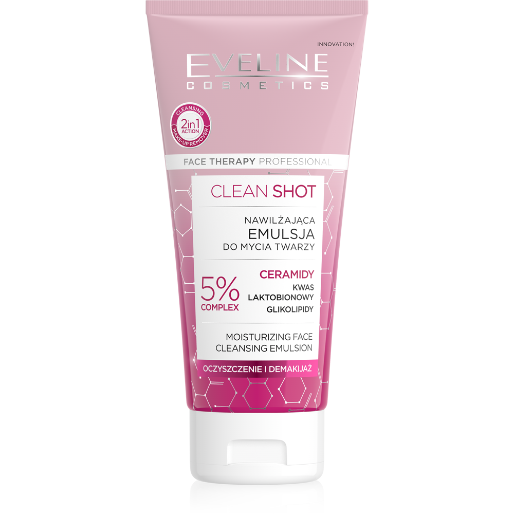 Eveline Face Therapy Professional Clean Shot Nawilżająca Emulsja do Mycia Twarzy dla Skóry Suchej i Wrażliwej 150ml