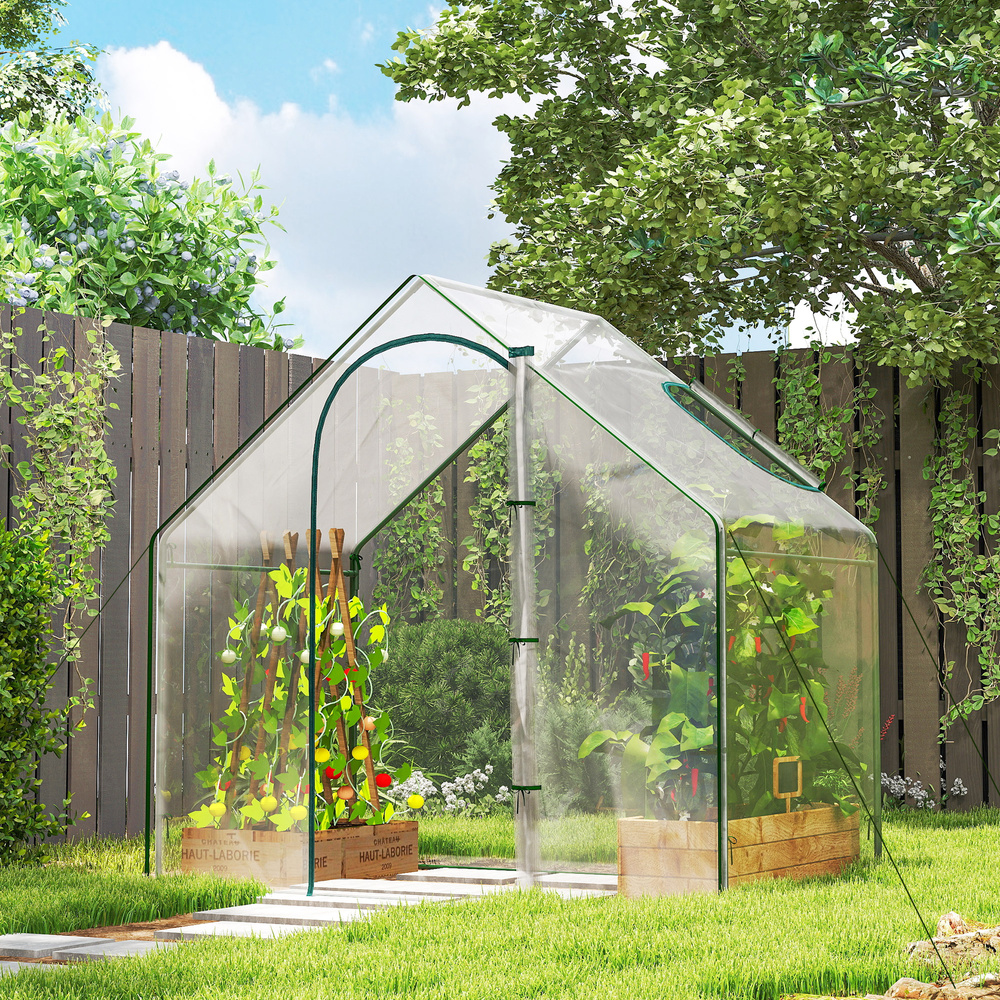 Outsunny Walk In Tomato Greenhouse Garden Outdoor Mini Greenhouse Flower Planter Steel Frame with Zipped Door & Window, PVC Cover, 180 x 100 x 168CM, Clear