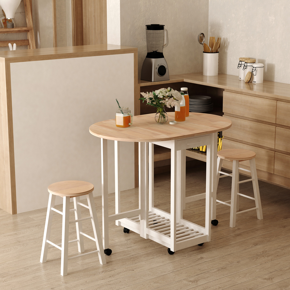 HOMCOM 3 Pieces Dining Room Set, Mobile Foldable Dining Table and 2 Stools with Storage Shelf, 2 Drawers and 6 Wheels, Drop Leaf Bar Table and Stools for Home Kitchen Pub, White