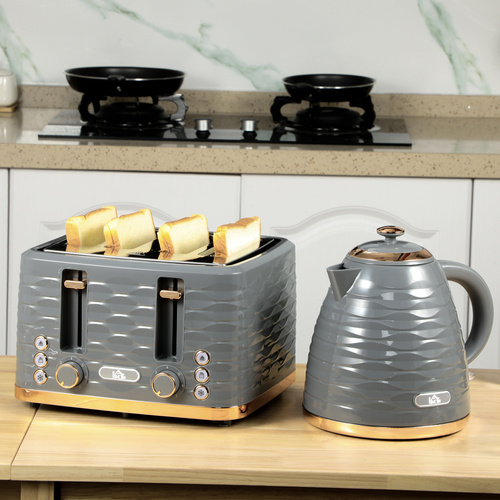 HOMCOM Kettle and Toaster Sets, 3000W 1.7L Rapid Boil Kettle & 4 Slice Toaster with 7 Browning Controls, Defrost, Reheat and Crumb Tray, UK Otter thermostat, Grey