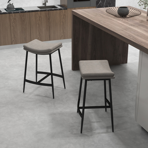 HOMCOM Breakfast Bar Stools Set of 2, Microfibre Upholstered Barstools, Industrial Bar Chairs with Curved Seat and Steel Frame for Dining Room, Kitchen, Grey