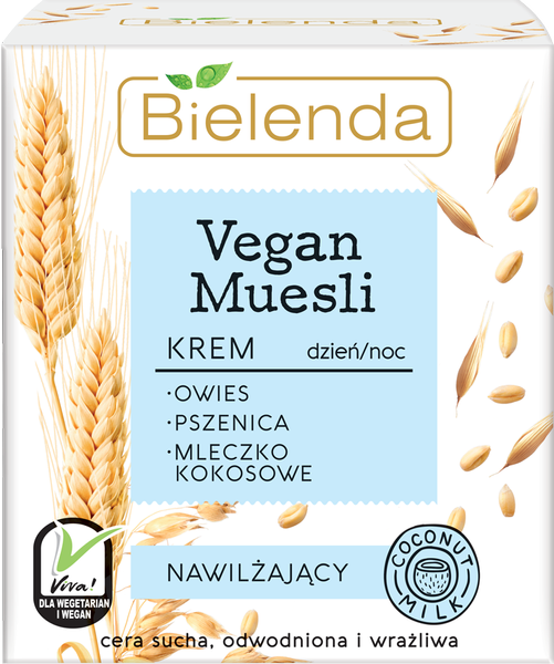 BIELENDA VEGAN MUSLI Krem nawilżający, OWIES + PSZENICA + mleko KOKOSOWE dzień/NOC 50ml