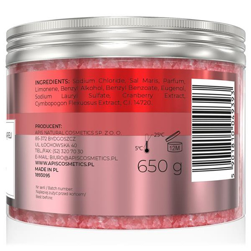 Apis Rewitalizująca Sól do Kąpieli z Żurawiną i Trawą Cytrynową dla każdego Rodzaju Skóry 650g