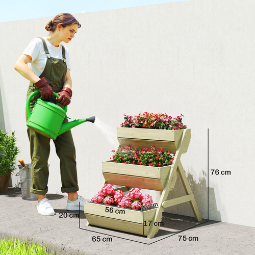 Outsunny 3 Tier Raised Garden Bed Wooden Elevated Planter Box Kit, 66L for Flower, Vegetable, Herb, 65x75x78cm, Green