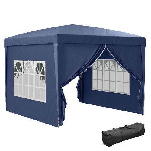 Outsunny 3 x 3 m Garden Pop Up Gazebo, Wedding Party Tent Marquee, Water Resistant Awning Canopy with Sidewalls, Windows, Carry Bag, Blue