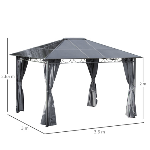 Outsunny 3 x 3.6m Hardtop Gazebo Canopy with Polycarbonate Roof, Permanent Pavilion Garden Gazebo with Curtains for Patio, Deck, Grey