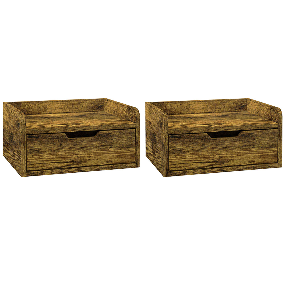 HOMCOM Floating Nightstands Set of 2, Wall Mounted Bedside Table with Drawer for Bedroom, Rustic Brown